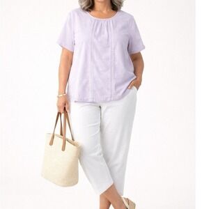 Coastal Preppy Spring Lavender Linen Cotton Short Sleeve Blouse Size XXL